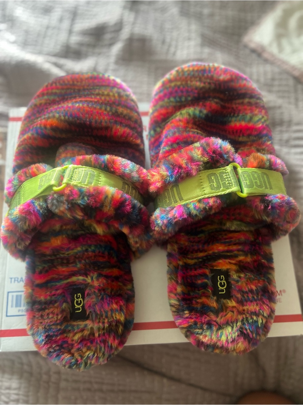 Ugg Fluff It Pixelate Slippers Men’s Faux Fur Slides Multicolor  Size 13